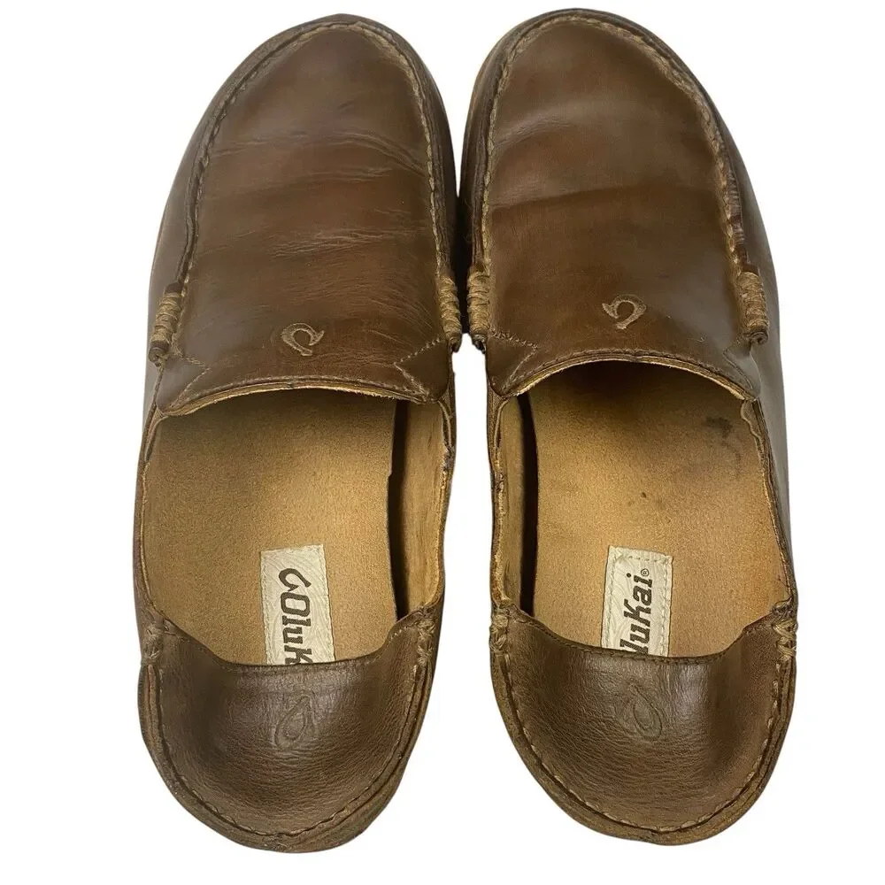 OluKai Moloa Leather Slip On Loafers Mens 8.5 Brown Drop In Heel Moc Toe Comfort